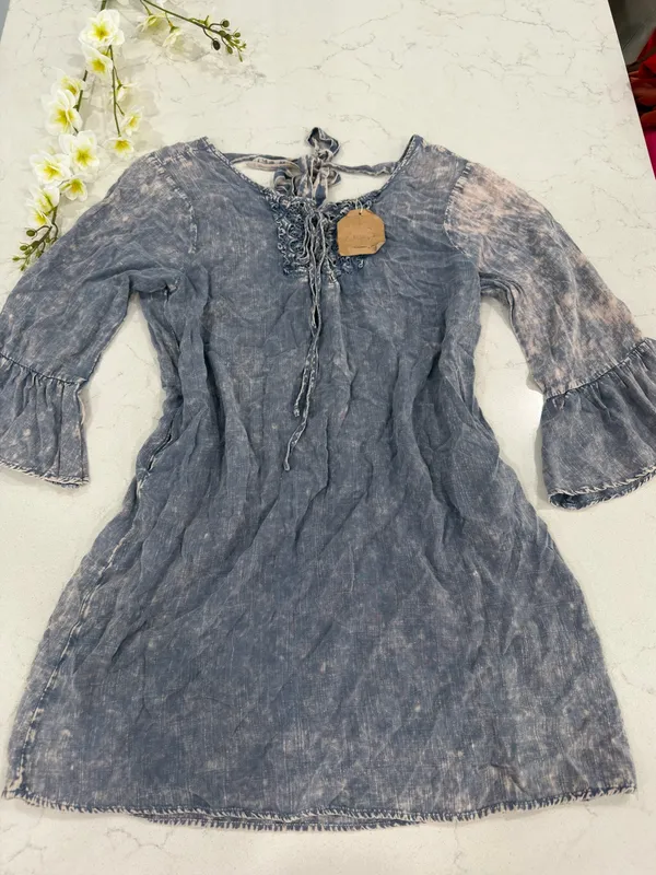 Kori Washed Denim Blue Lace-Up Bell Sleeve Mini Dress - Image 3