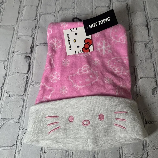 Hello Kitty Pink Face Snowflake Holiday Santa Hat NEW Adult One Size - Image 2