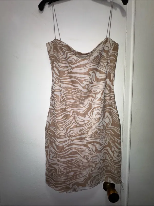 Meshki Mia Beige Marble Print Slip Mini Mesh Dress Medium - Image 4