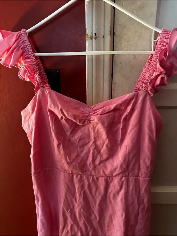 Francesca's Crezna Sweetheart Smocked Ruffle Mini Dress Linen Blend Large - Image 3