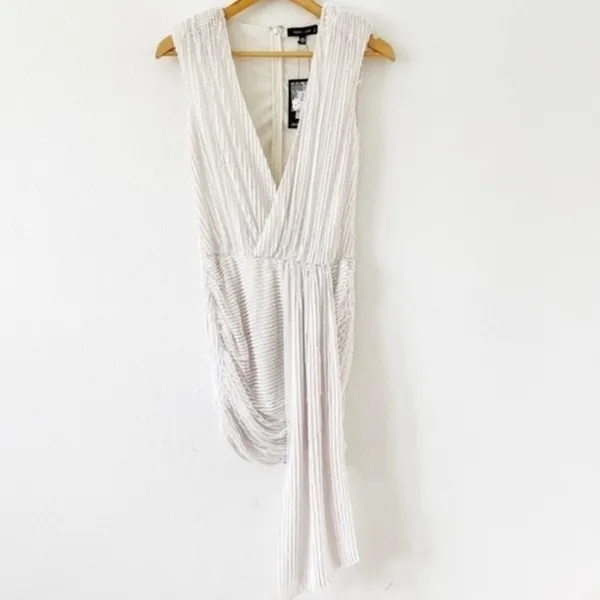 Peace + Love White Sequin Wrap Bridal Bachelorette Cocktail V-Neck Mini Dress - Image 3