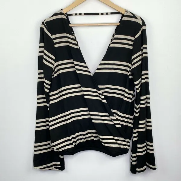 Chaser Womens M Black White Striped Wrap Top Deep‎ V Neck Bell Sleeve Y2K Boho - Image 2