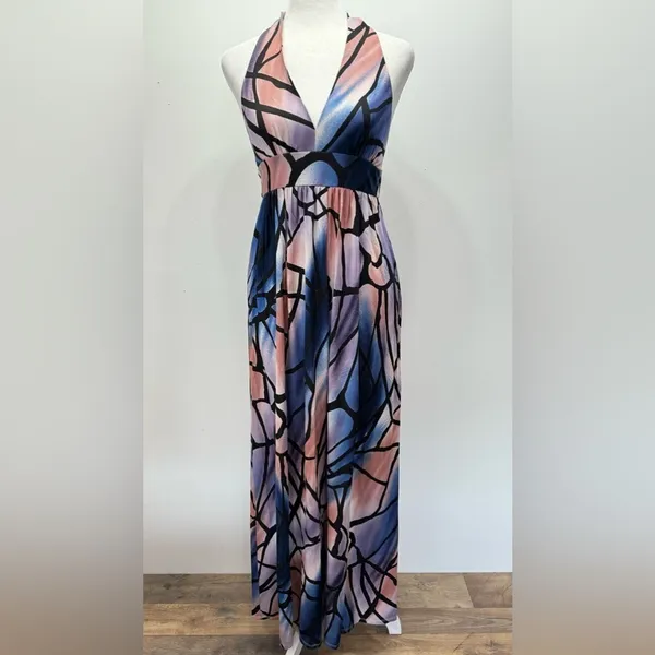 Hourglass Lilly Maxi Dress Black Halter Neckline Low Back Blue Purple Mauve S - Image 3