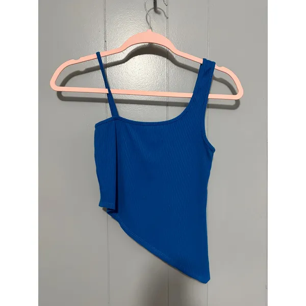 Reformation Blue Ribbed Tencel Blend Asymmetrical Casual Crop Tank Top S - Image 5