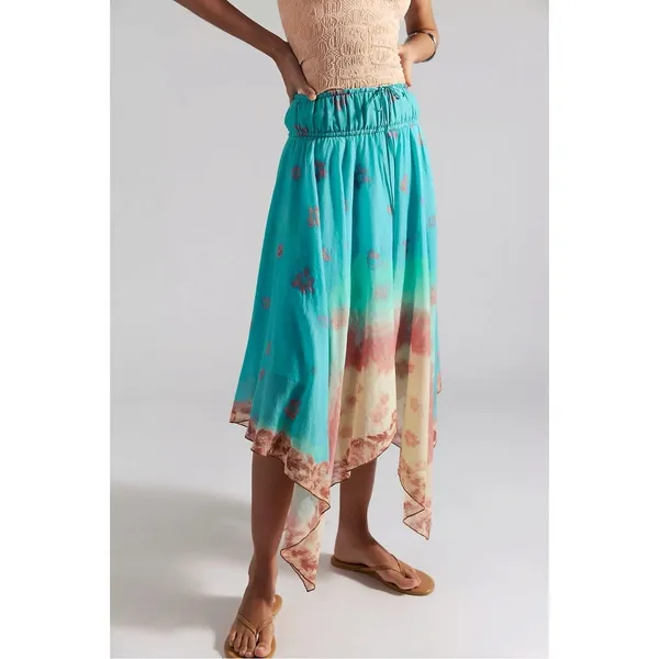 Free People Bohemian 70s FP One Kaia Asymmetrical Midi Skirt Ocean Surf Large - Image 4
