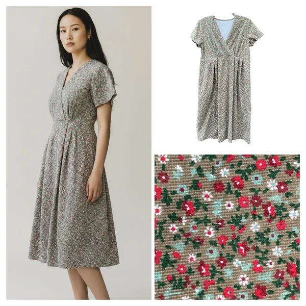 Modest Cottagecore Midi Dress Ditsy Floral Corduroy Pinwale Handmade Prairie - Image 2