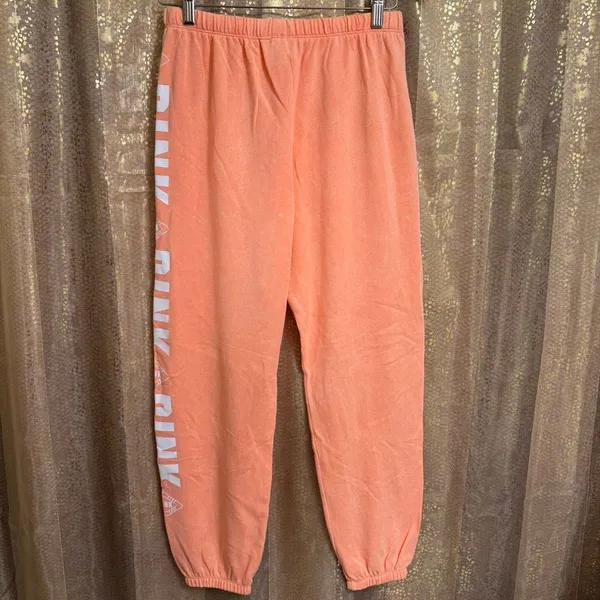 PINK Victorias Secret Orangey Peach Fleece Jogger Sweatpants Medium - Image 2