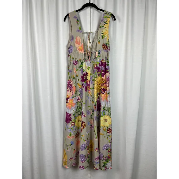 H&M Brown Purple&Pink Floral Deep V Linen&Cotton Maxi Dress Sz.M - Image 8