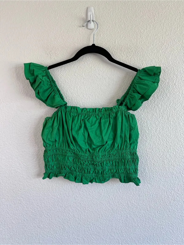 Anthropologie Maeve Women's Smocked Taffeta Tank Green Ruffle Cropped Boho - Image 2
