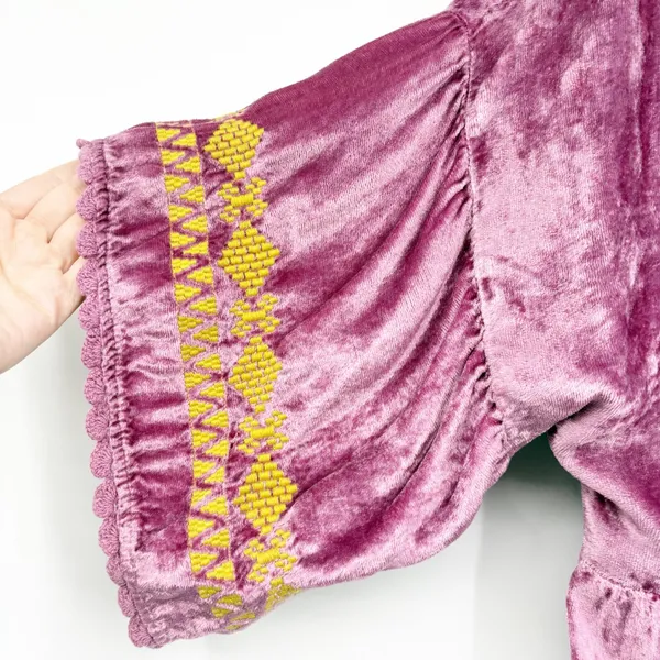 Ivy Jane Womens Purple Velvet Embroidered Boho Flowy Babydoll Blouse‎ Top Size L - Image 3