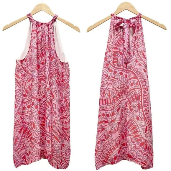 Trina Turk Dress 100% Silk Halter A-Line Mini Red Pink Tribal Print Size Medium - Image 9