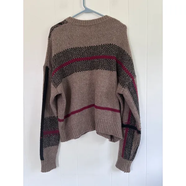 360 Cashmere Merino Wool Plaid Sweater Taupe Black Magenta Large L26 P24 - Image 2