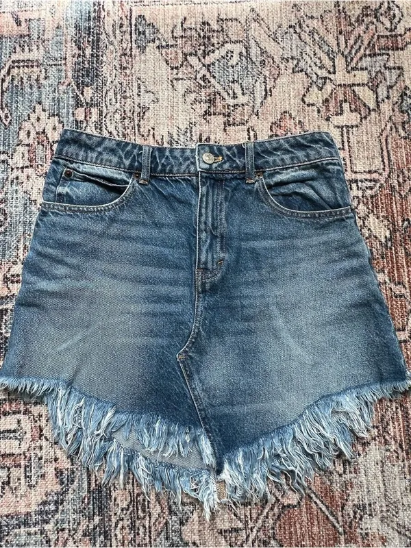 Free People We the Free Frayed Hem Denim Skirt Asymmetrical Seam Size 26 Cotton - Image 5