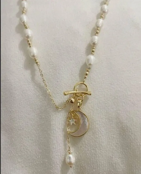 Mother Of Pearl Necklace Moon Charm OT Buckle White stainless steel jewelry NEW - Image 8