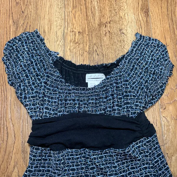 Max Studio Specialty Black Blue Geometric Babydoll Top Women's Small Office Chic - Image 6