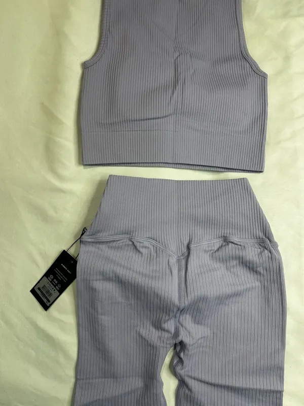 Lilias Active Ribbed Knit Set Lilac Longline Sports Bra and Bike Shorts Small - Image 4