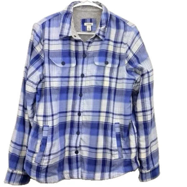 LL Bean Blue Plaid Fleece Lined Flannel Snap Shirt Jacket Shacket SMALL - Image 2