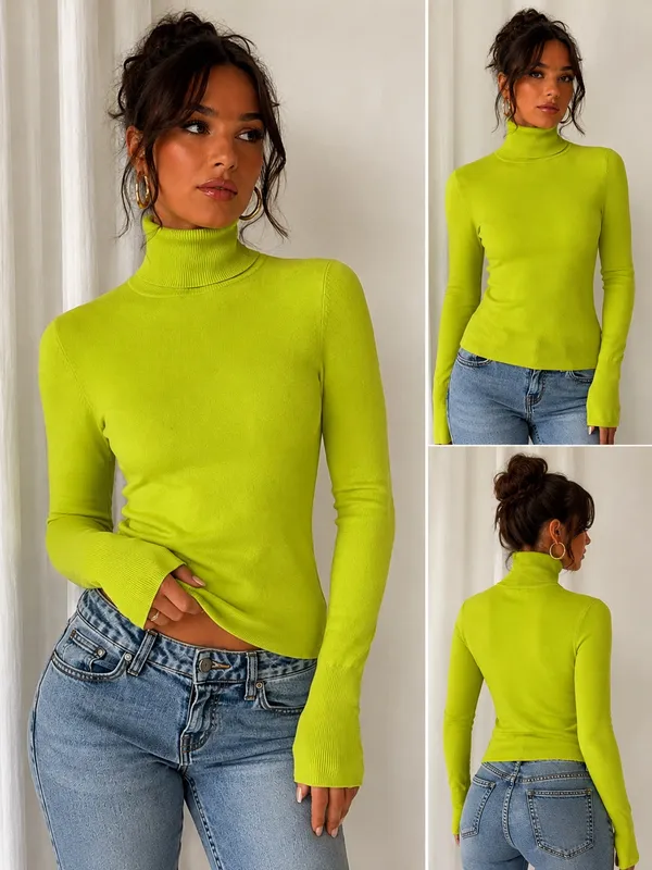 Boohoo Lime Green Turtleneck Sweater | Lightweight Knit Pullover US4 - Image 2