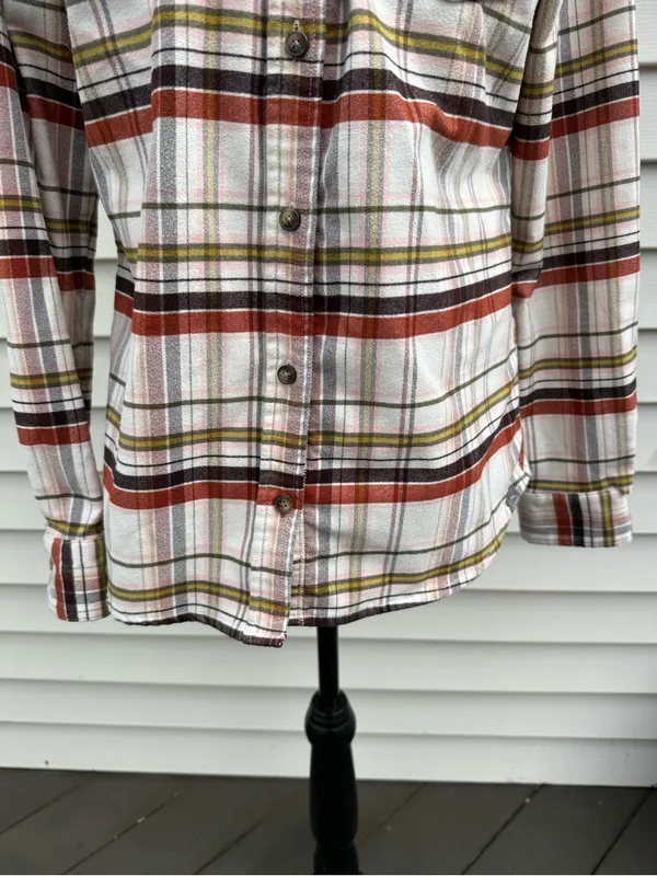 L.L. Bean | Plaid Button-Down Shirt - Cream, Rust & Olive Stripe size small - Image 4