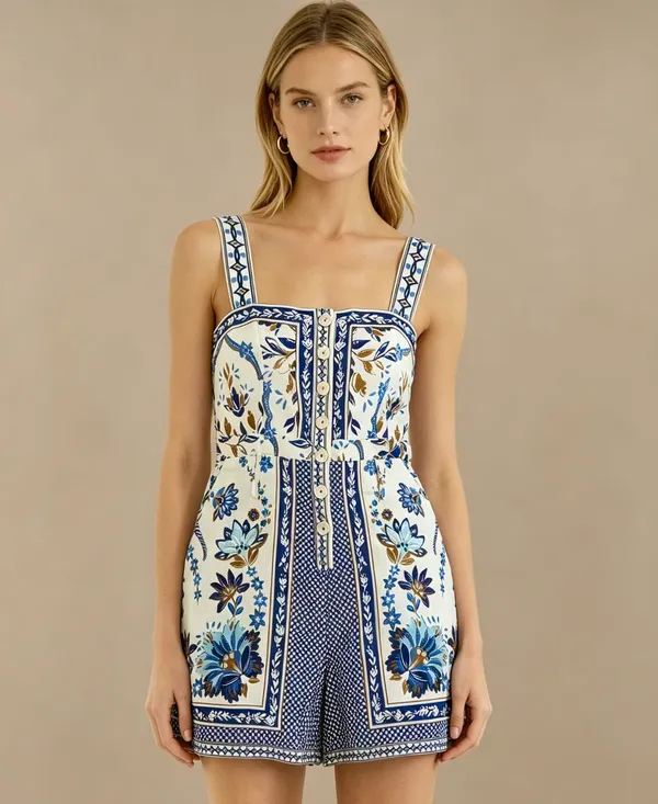 NWOT Farm Rio Linen Blend Floral Print Romper Blue Size XS - Image 2
