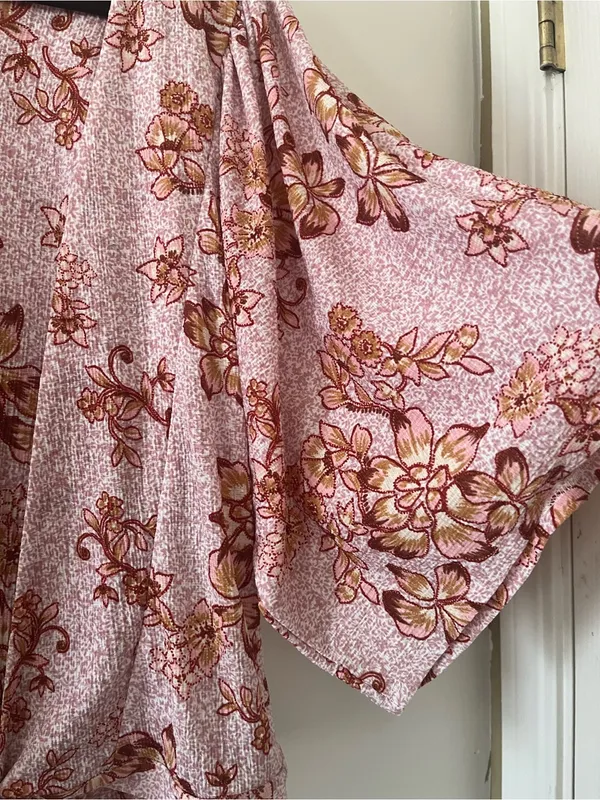 Pink Floral Wrap Front Kimono Sleeve Top Large Resort Vacation Tropical Blouse - Image 3