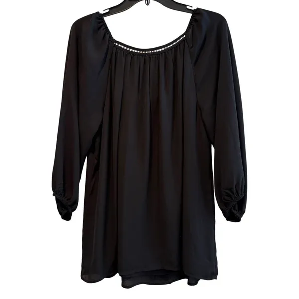 Cato Black Long Sleeve Boho Sheer‎ Chain Detail V-Neck Neck Tunic Top L - Image 3