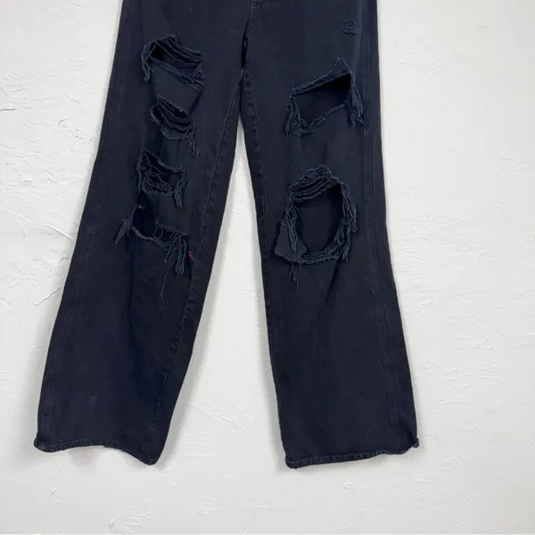 Pacsun Black Distressed Baggy Jeans Womens 25 Button Fly Casual Wide Leg Denim - Image 3