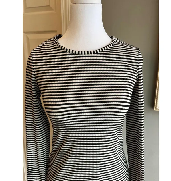 Divided H&M Black and White Stripe Dress BodyCon Crewneck Size 6 Preppy Minimal - Image 2