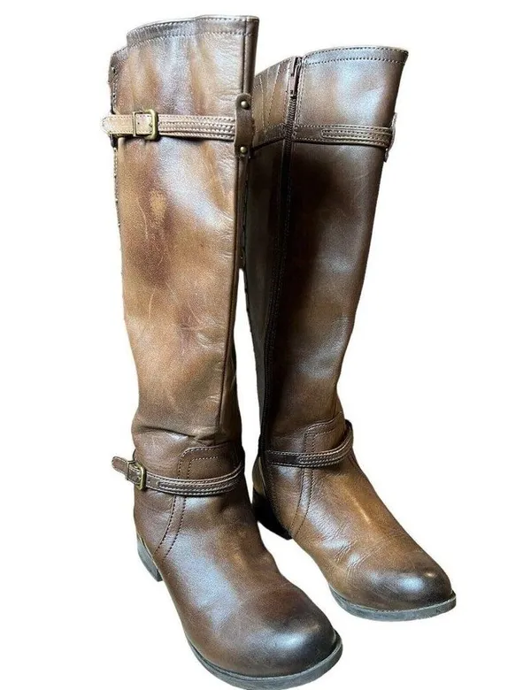 Gianni Bini Steampunk Boots Size 5.5 Mid Calf Low Heel Brown Leather Wrap Strap - Image 5