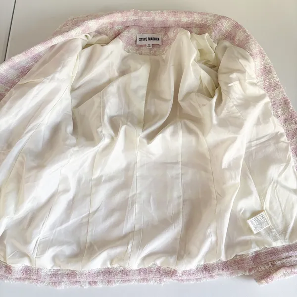 Steve Madden Womens Pink White Harlow Tweed Fringe Preppy Office Siren Blazer M - Image 7