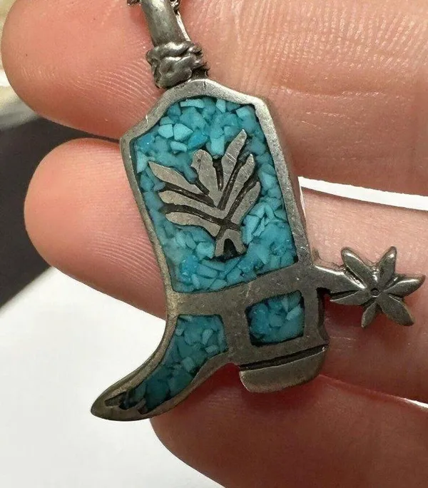 Signed COP Pewter Silver Tone / Turquoise Blue Color Cowgirl Boot With Spur - Image 5