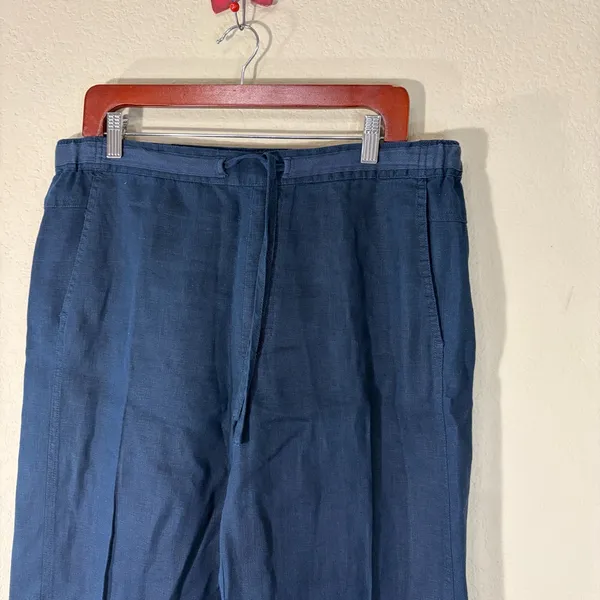 Orvis Wide Leg 100% Linen Solid Navy Drawstring Cropped Pant Large Beach Resort - Image 2