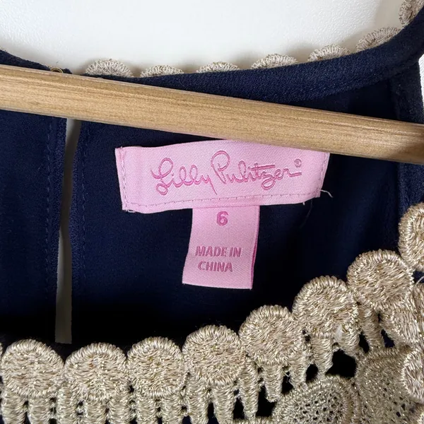 Lilly Pulitzer Pearl Soft Shift Dress Size 6 Navy Gold Metallic Classic Preppy - Image 6