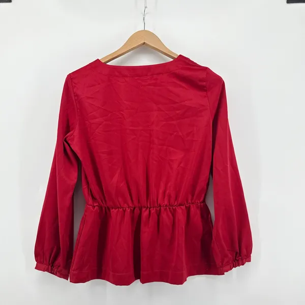 J. Crew Red Faux Wrap Blouse‎ Peplum Long Sleeve Top Small Holiday Career Office - Image 5