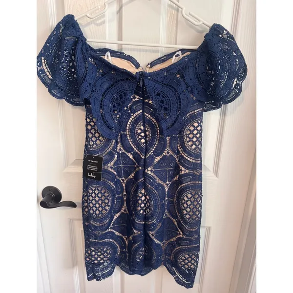 Lulus Bellisimo Navy Blue Lace Off Shoulder Bodycon Dress Size Medium NWT - Image 8