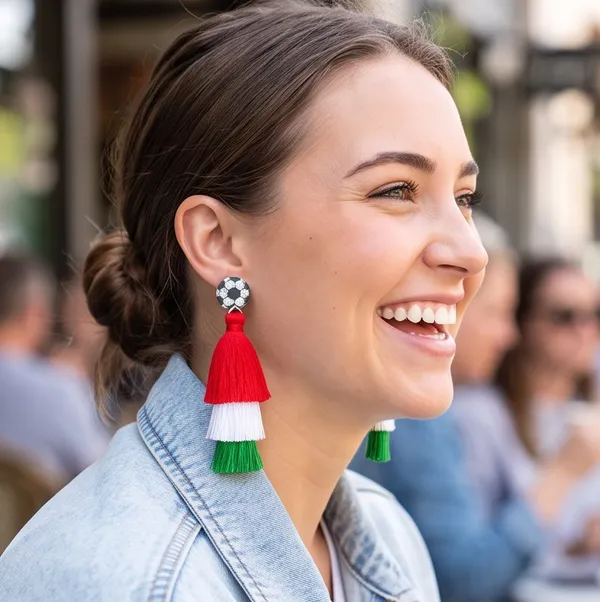Boutique NEW Italy Flag Soccer Tassel Dangle Earrings with Red White and Green Fringe - Image 3