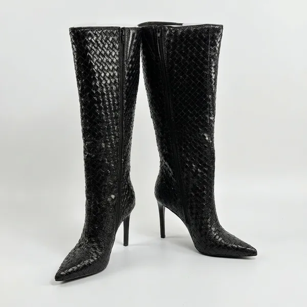 INC International Concepts Size-9.5M Black Woven High Stiletto Boots Pointed Toe - Image 4
