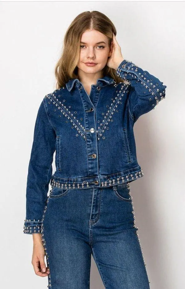 Studded Blue Denim Jacket and Jeans Set Size L - Image 3