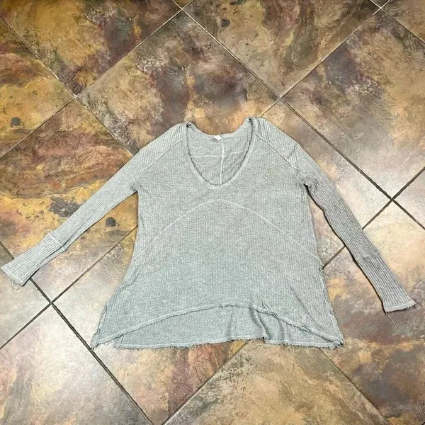 Free People Waffle Knit Thermal Distressed Drippy Asymmetrical Long Sleeve Top S - Image 6