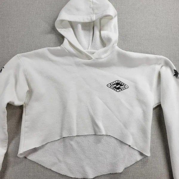 Billabong Windy Palms Womens Sweatshirt Size M White DIY Raw Cut Hem Crop Hoodie - Image 4