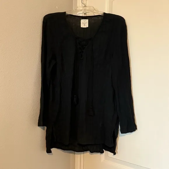 SALE Billabong Black Lace-Up Beach Cover-Up Dress Long Sleeve Boho Small - Image 10