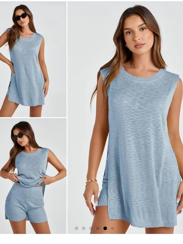 Uaneo 2 Piece Outfit Summer Knit Sweater Set Sleeveless Tunic top and short - Image 2