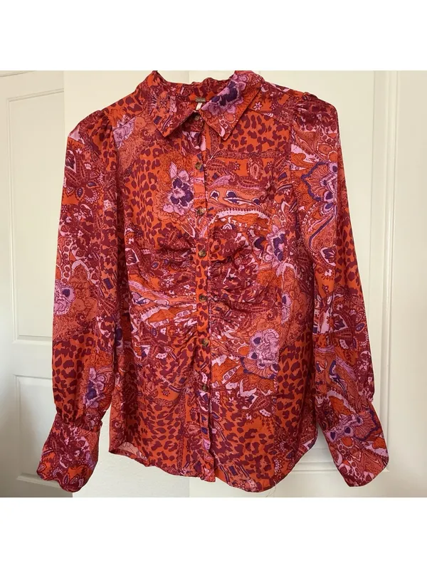 Free People Bianca S Small Button Up Top Red Orange Animal & Floral Print Boho - Image 15