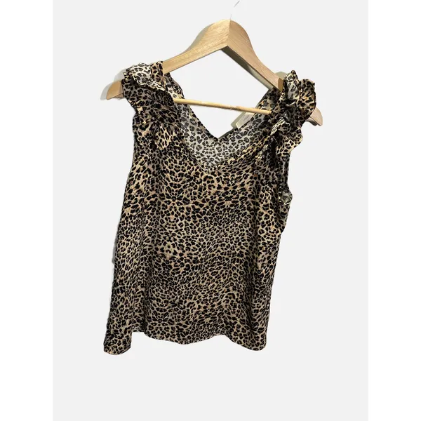 Entro Tank Top Womens Small Brown Leopard Ruffle V-Neck Sleeveless Blouse Animal - Image 2