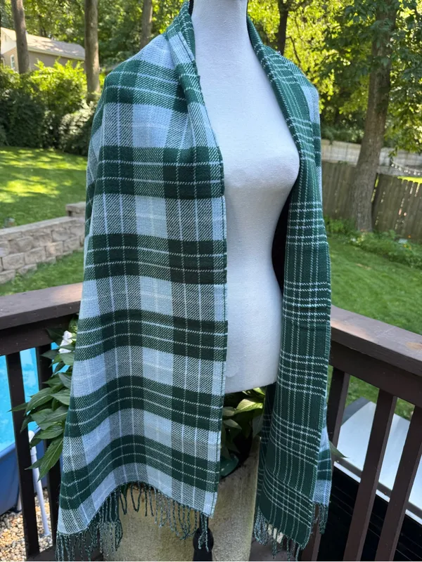 J.CREW Women's Green Gray Plaid Fringe Knit Acrylic Wrap Scarf - Image 3