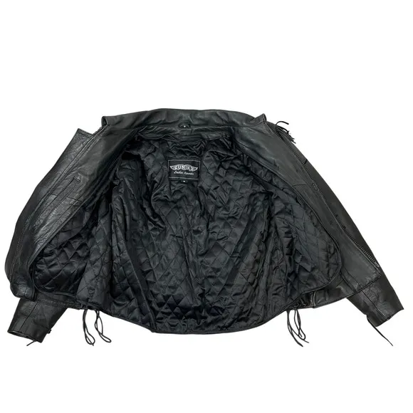 UNIK Leather Fringe‎ Biker Jacket Small Black Purple Rose Inlay Motorcycle Goth - Image 8
