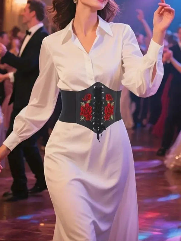Black Floral‎ Embroidered Waist Elastic Corset Belt One Size - Image 8