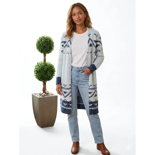 ANA Gray & Blue Print Fuzzy Fluffy Comfy Long Sleeve Open Front Cardigan M NEW - Image 5