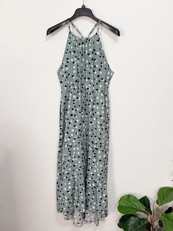 Miss Sparkling Sage Green Polka Dot Tiered Maxi Dress Belted Adjustable Strap - Image 4