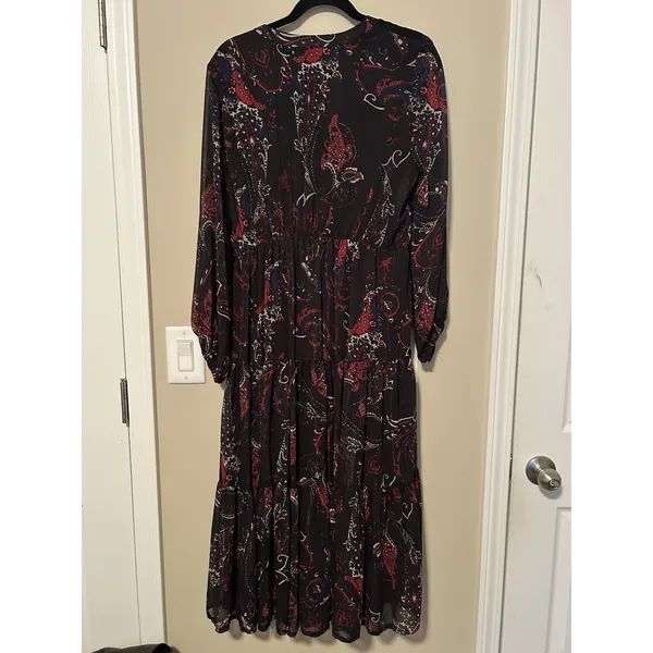 REBA | Black Paisley Print Midi Dress Sheer Sleeves Metallic Detail | Size L - Image 7